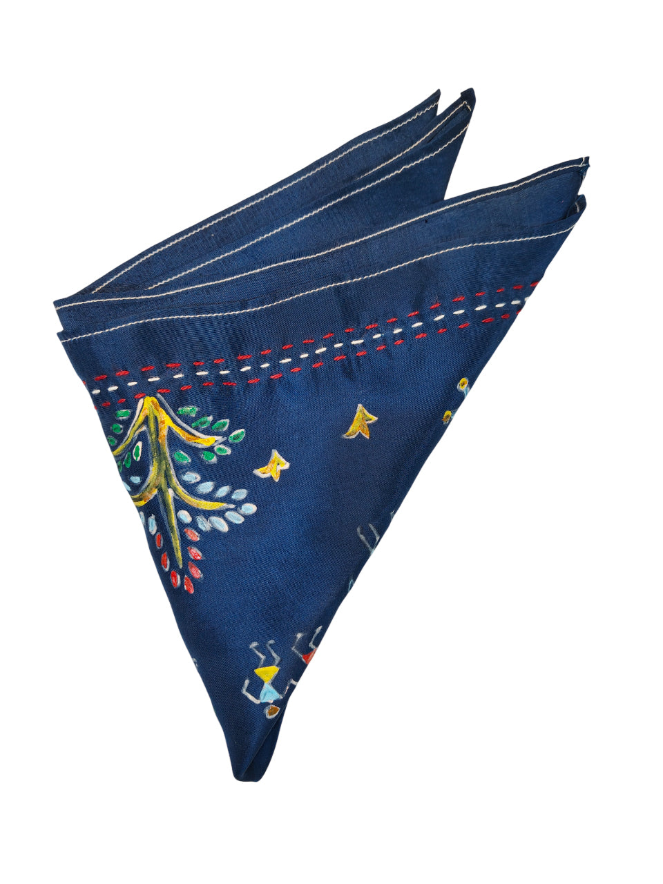 Handpainted Warli Art Pocket Square –Navy blue with Sujni Border